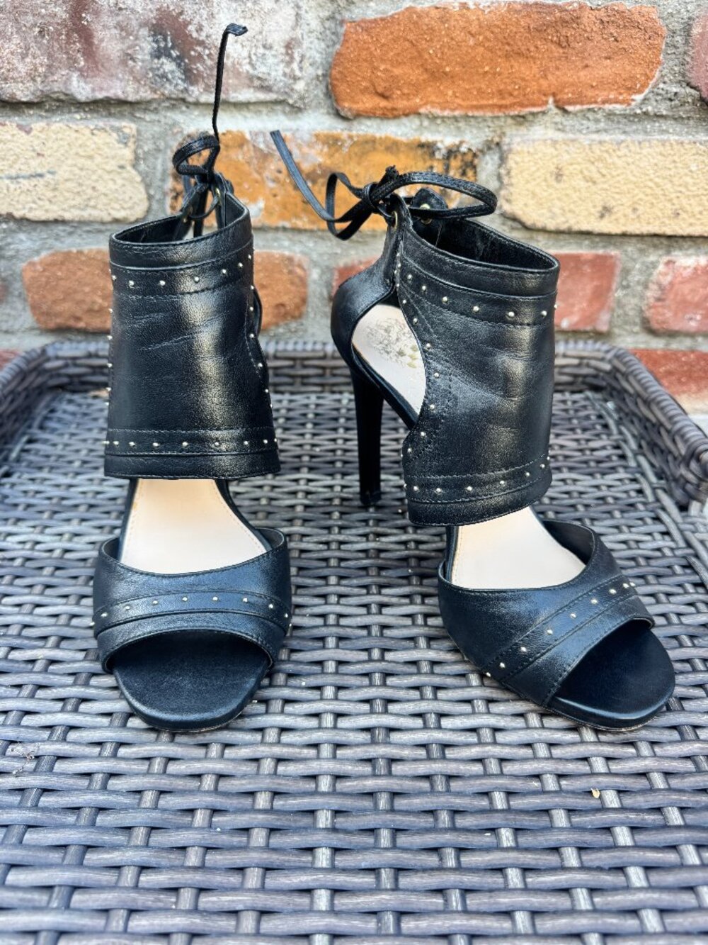 Vince Camuto Black Leather Studded Lace Up Stiletto Sandals Size 7